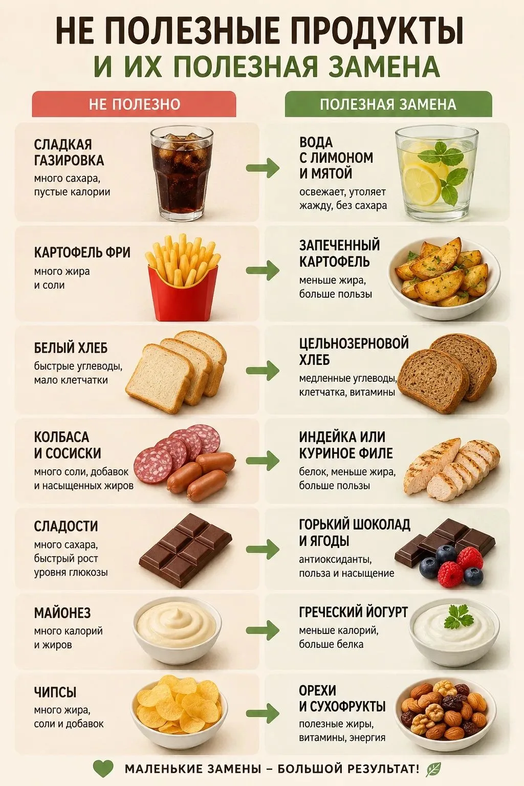 Шпаргалка по полезной замене не полезных продуктов!