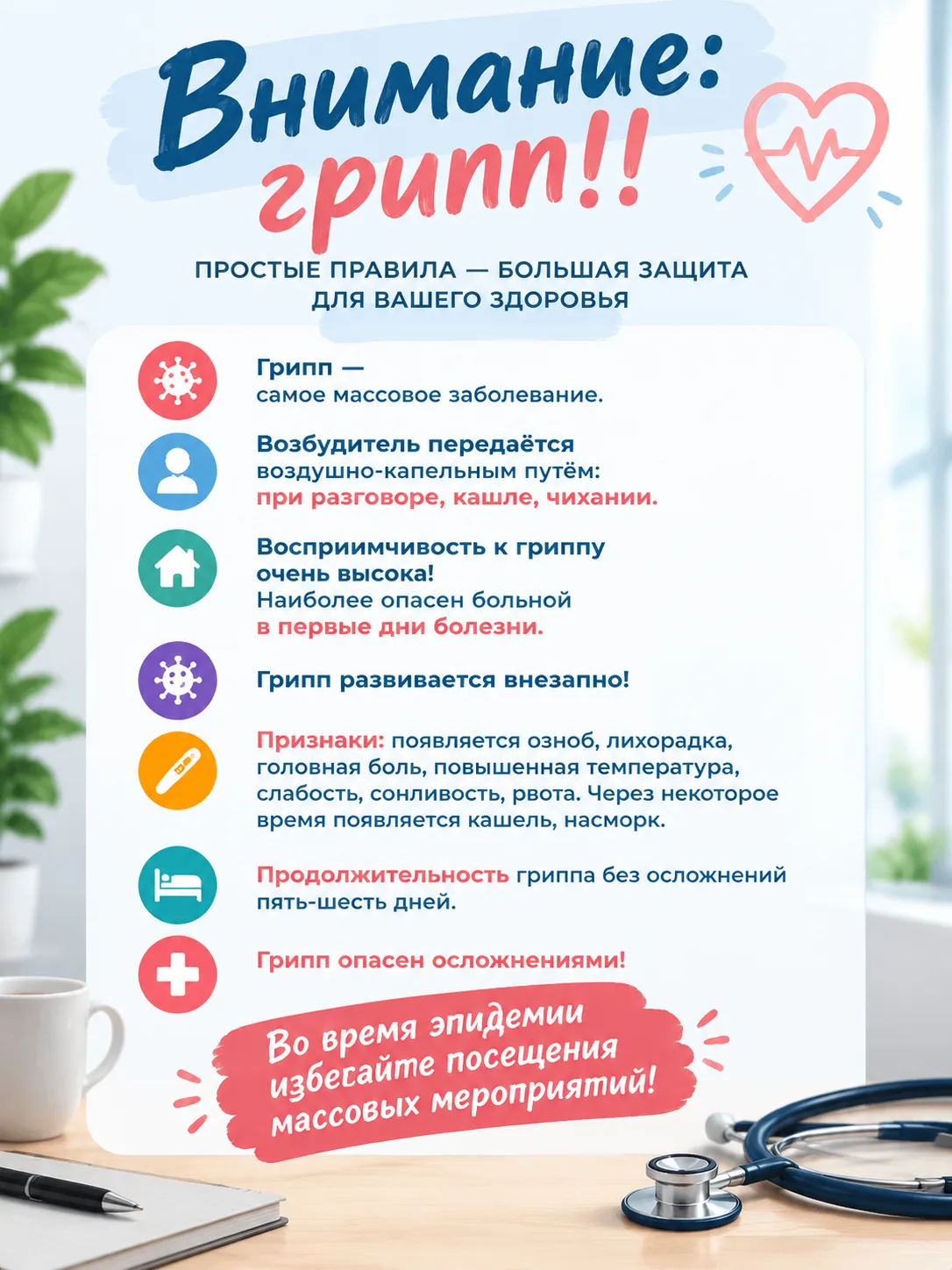 🦠 Грипп — не просто сезонная простуда. Он может привести к серьёзным осложнениям, особ...