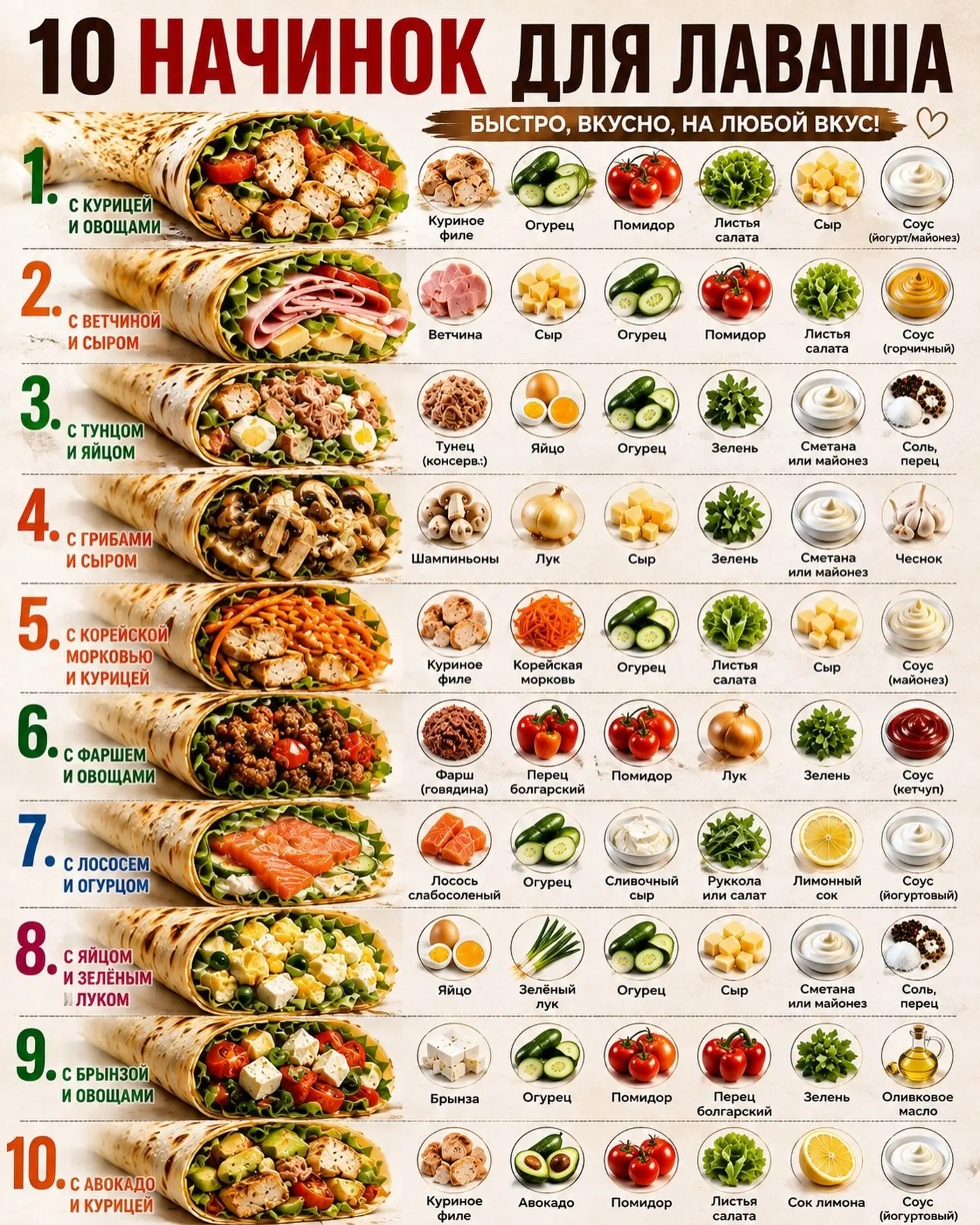 🌯 10 начинок для лаваша — сохраняйте, чтобы не думать, что приготовить!