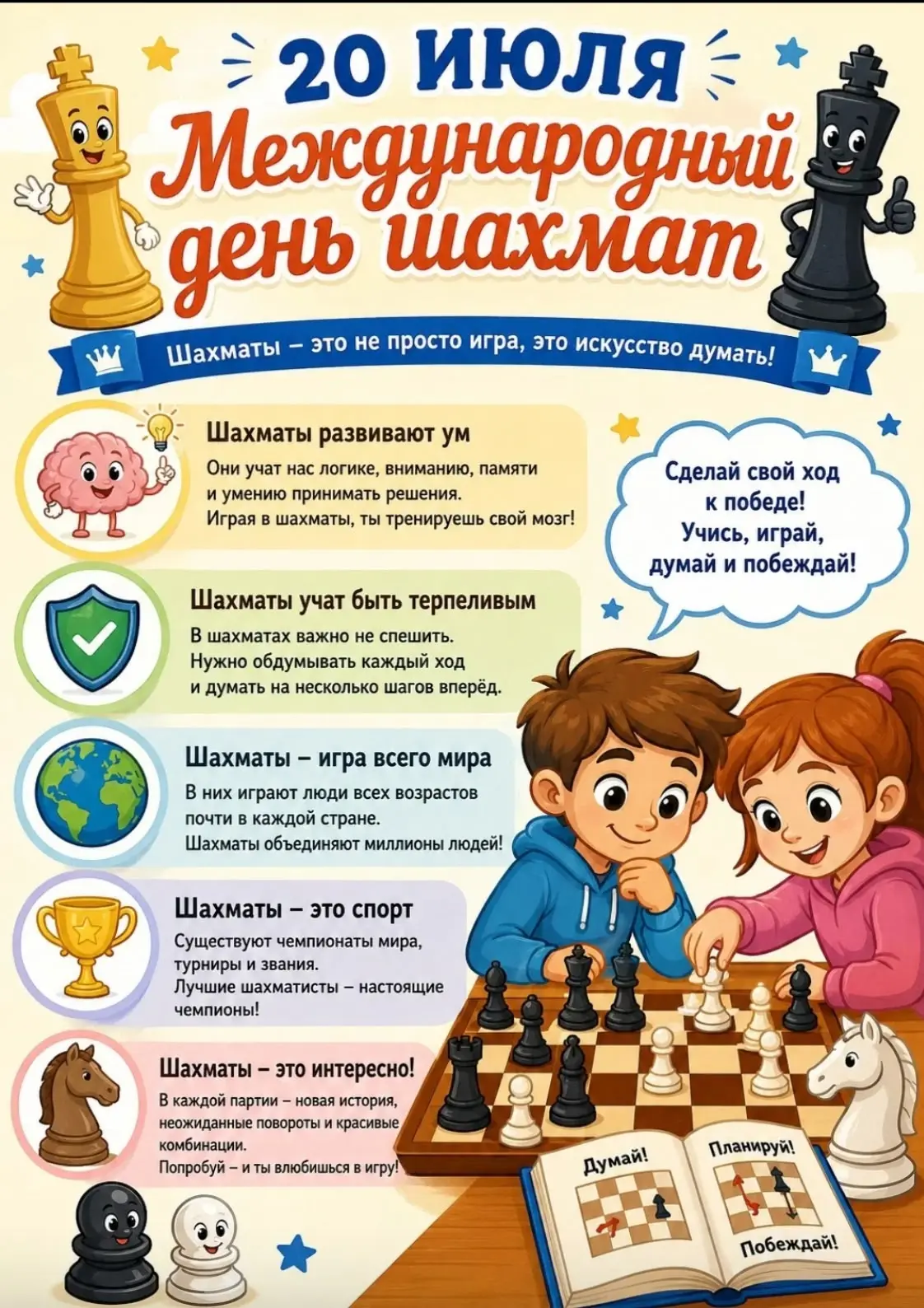 Шахматы - это больше, чем настольная игра.
Это:
- развитие логики и стратегического мышления;
- трен