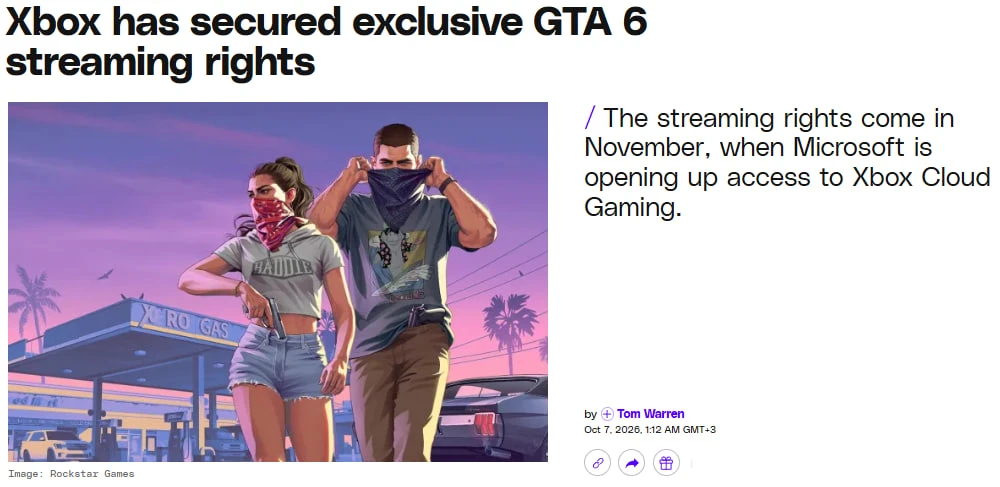 ⚡️ GTA VI будет на ПК в день релиза — Microsoft получила эксклюзивные права на облачный...