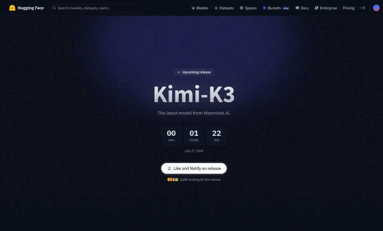 ☝🏻Kimi K3 выложат в открытый доступ через час 

Платформа Hugging Face запустила обрантый отсчет на