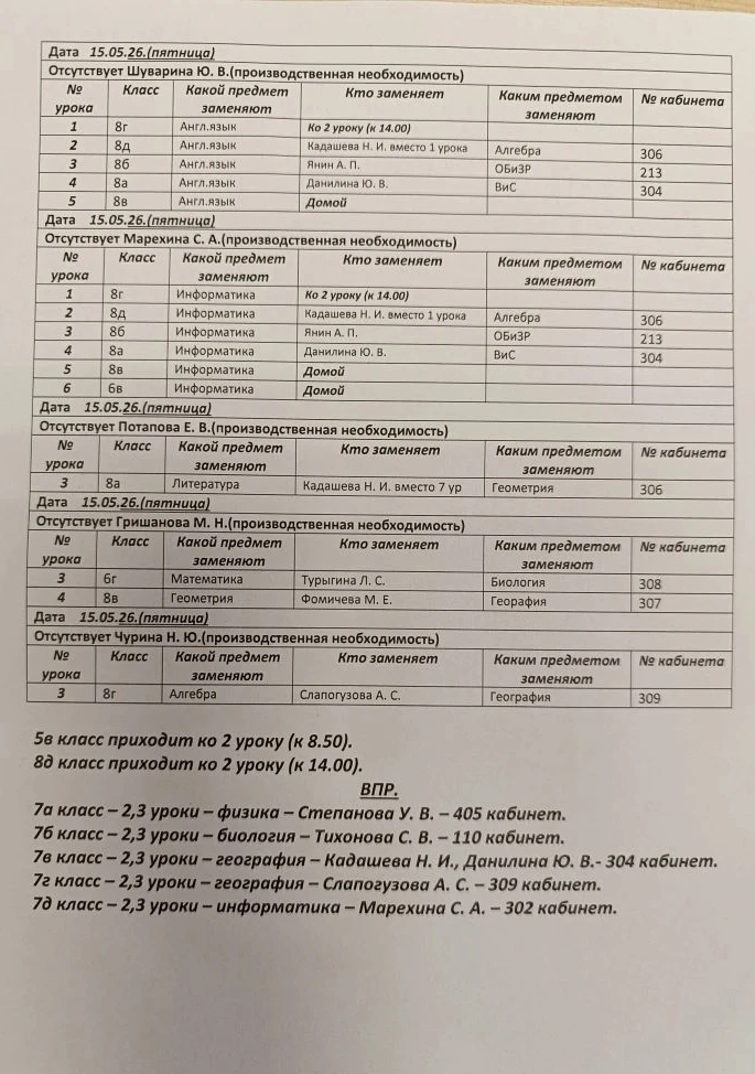 Изменения в расписании на пятницу, 15 мая  🇷🇺 Подписывайтесь на канал школы в национальном мессендже