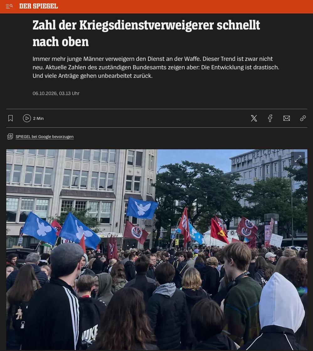 В Германии резко выросло число отказников от военной службы, пишет Der Spiegel.