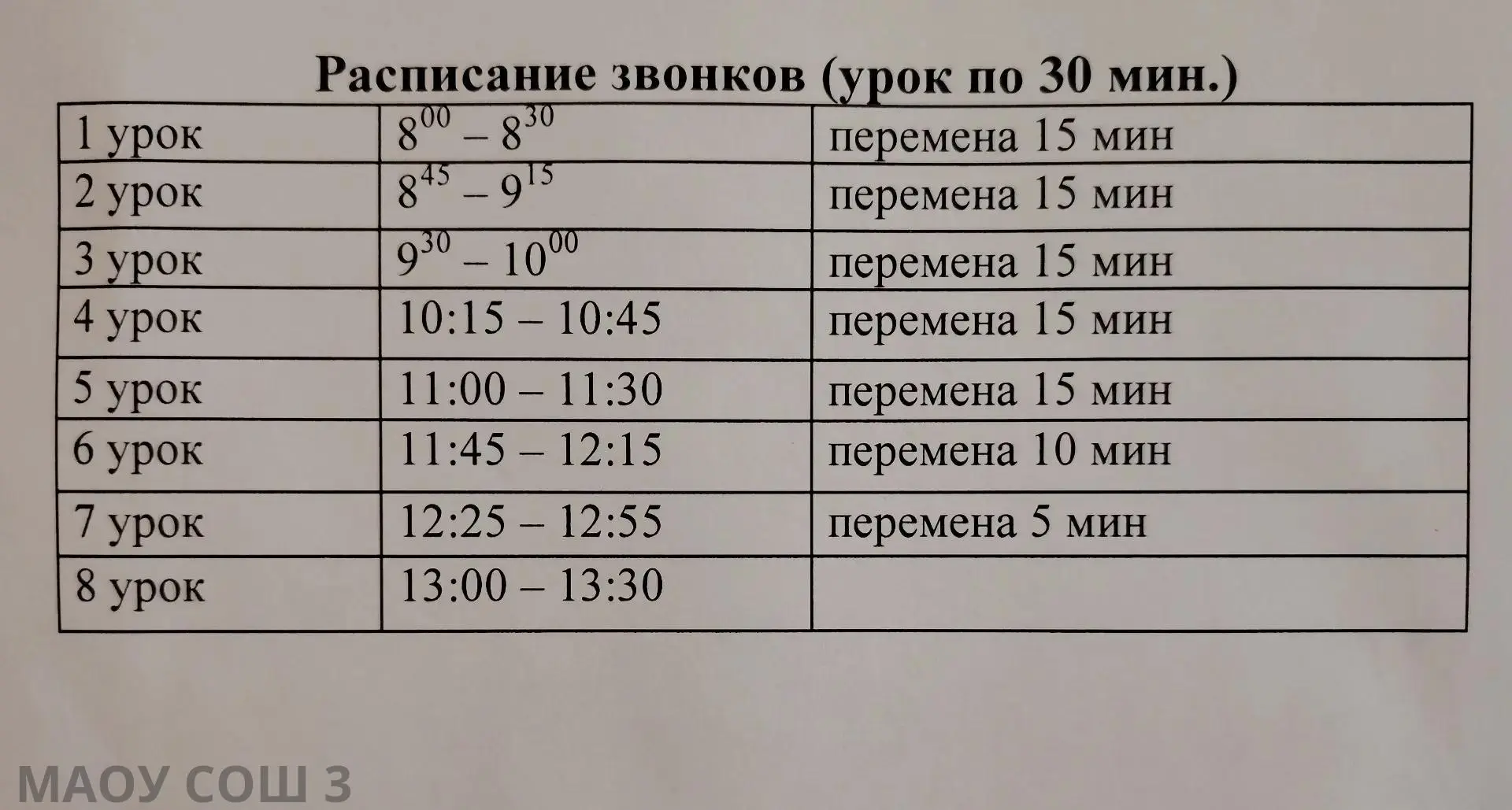 Расписание звонков