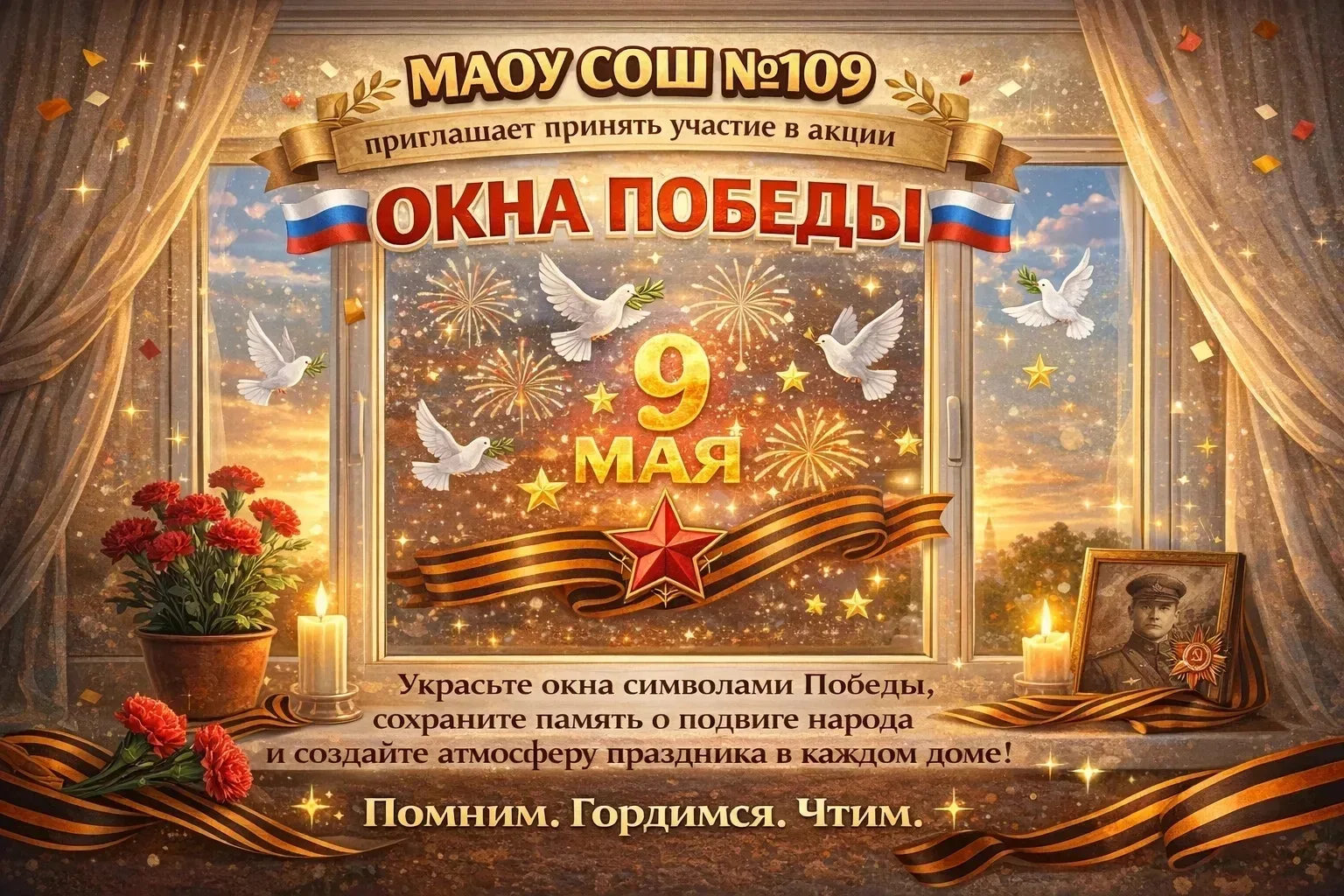 🕊️ Мы помним! Мы гордимся!  Присоединяйтесь  к Всероссийской акции «Окна Победы».  9 Мая — это не пр