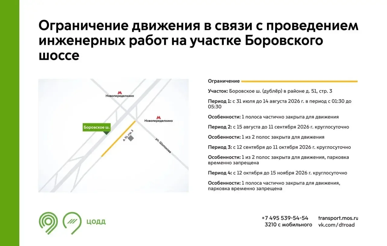 🚧 Боровское шоссе перекроют частично до ноября

С 31 июля по 15 ноября на участке дублёра Боровског