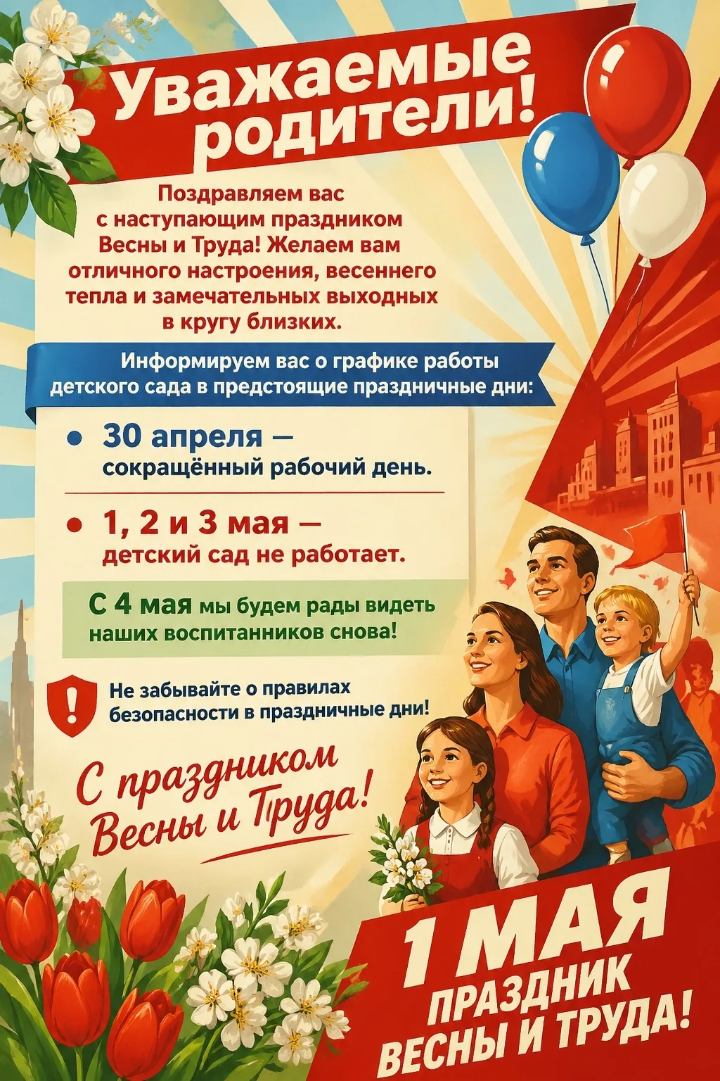 🌷 Уважаемые родители!

Приближаются майские праздники и мы подготовили для вас информацию о графике