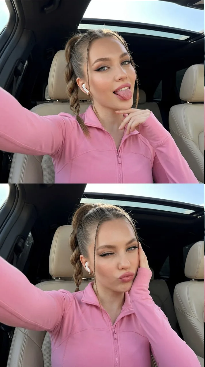 🎀Розовый спорт, косички, селфи в машине

Две косички, airpods в ушах и розовый зип-лонгслив — она е