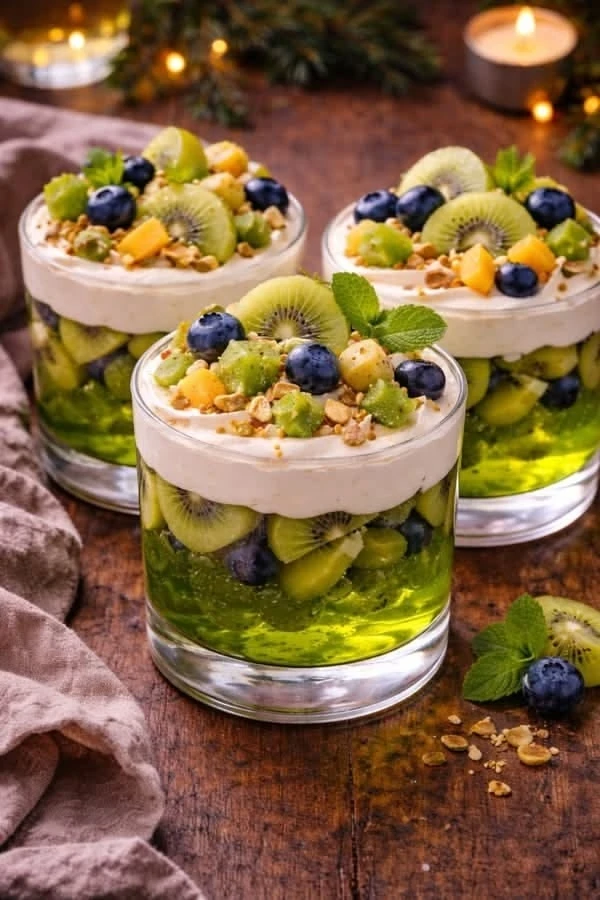 Слоеный десерт с киви, черникой и йогуртом