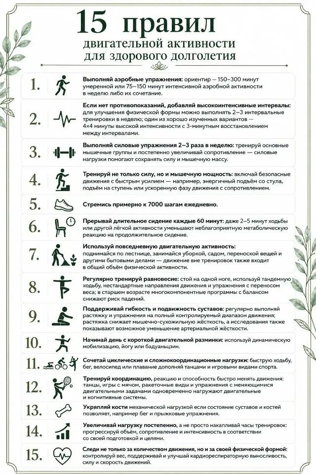 Удобно сохранить, легко поделиться с близкими: 15 правил двигательной активности для зд...