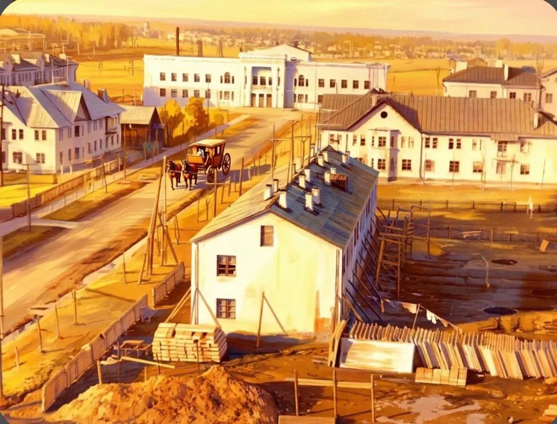 Апрелевка. 
1960 год . 
Вид на ДК «Апрелевка». Комсомольская улица
Ретро фото . 
Краски от ИИ.
.
#ап