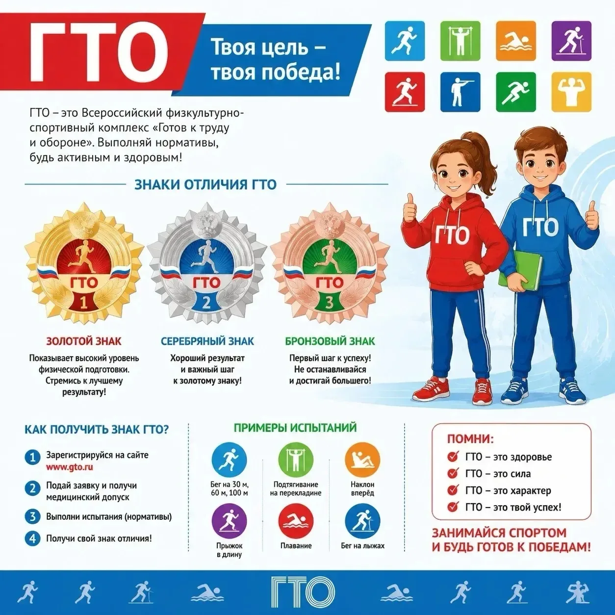 Знак ГТО: Не просто награда, а ценный помощник для школьника

Знак ГТО (Готов к труду и обороне) — э