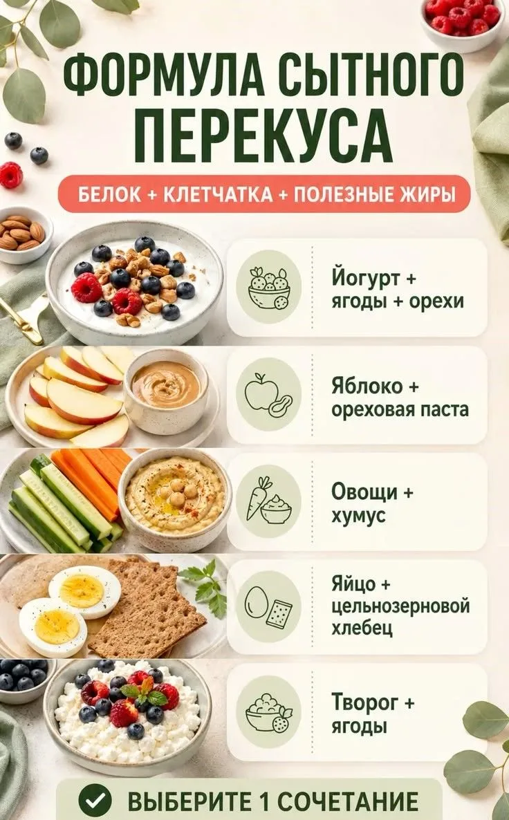 Полезный перекус: белок, клетчатка и полезные жиры 🥑🥦