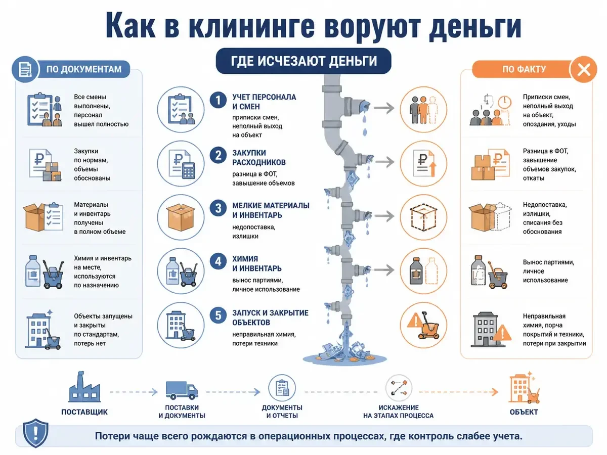 Откаты и скрытые потери в клининге: как на практике утекают деньги