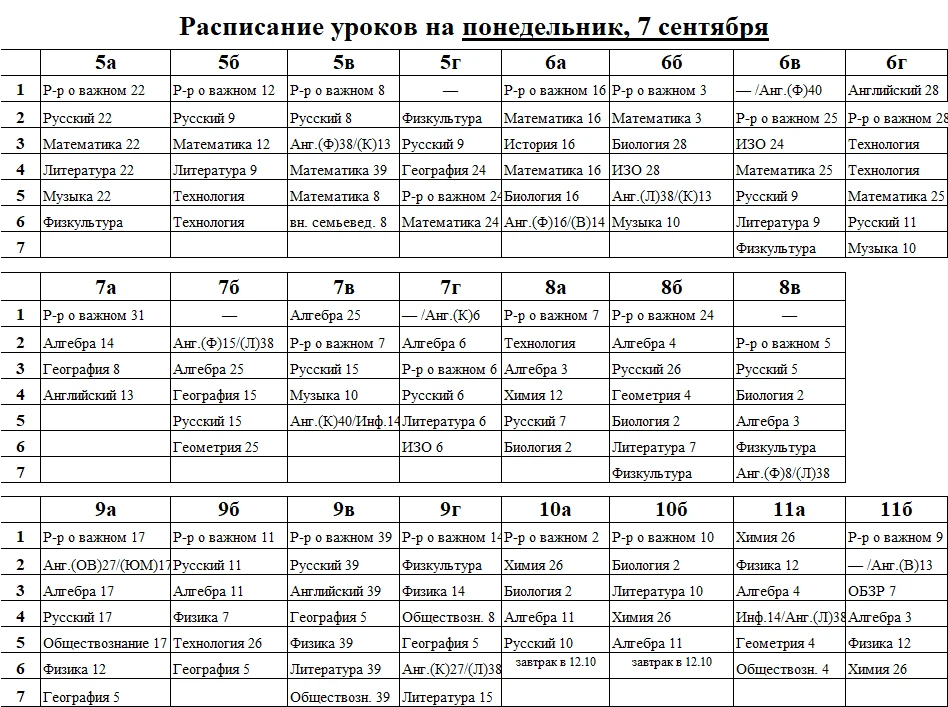 Расписание уроков на понедельник, 7 сентября