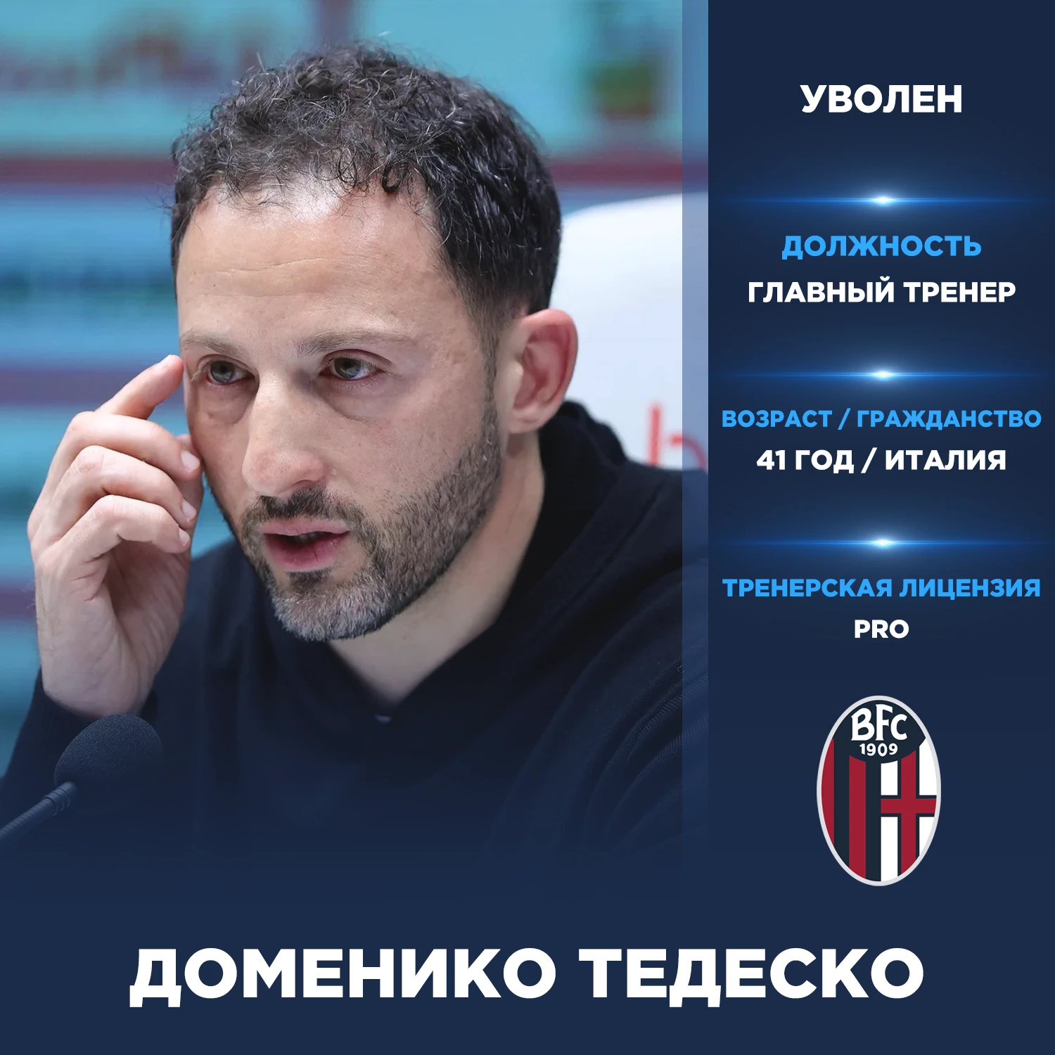 Официально: Доменико Тедеско уволен с поста главного тренера «Болоньи».