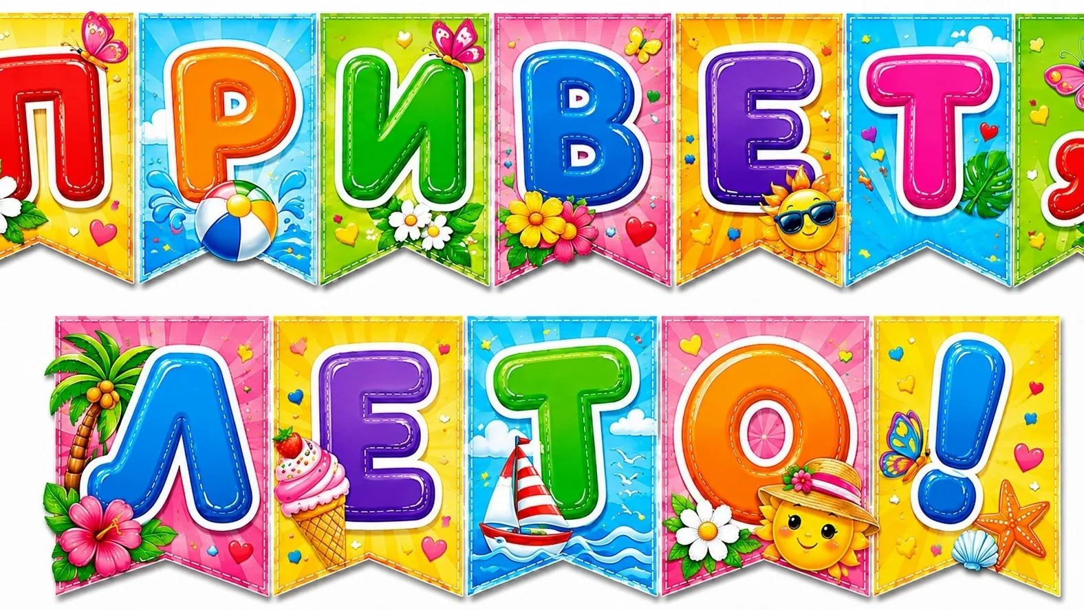 Яркие флажки «Привет, лето!» для украшения кабинета, коридора и других зон пребывания д...