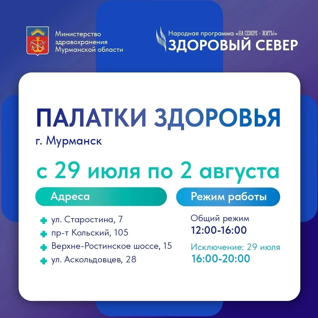 🚨 В Мурманске начали работу «Палатки здоровья»!

Это возможность быстро пройти экспресс-диагностику