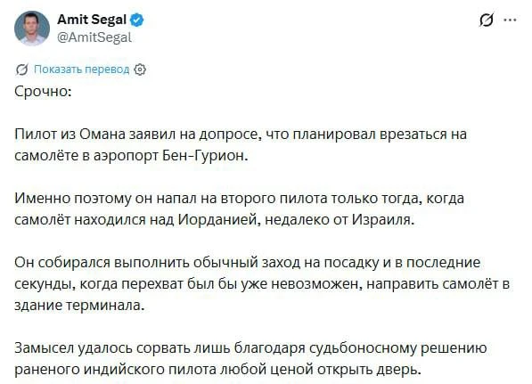 ⚡️Пилот из Омана планировал направить самолёт прямо в здание терминала аэропорта Бен-Гу...