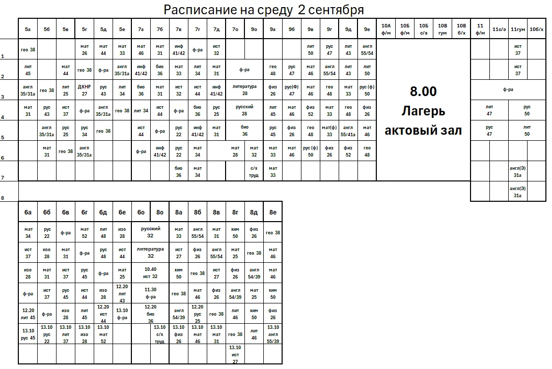 Расписание на 2 сентября