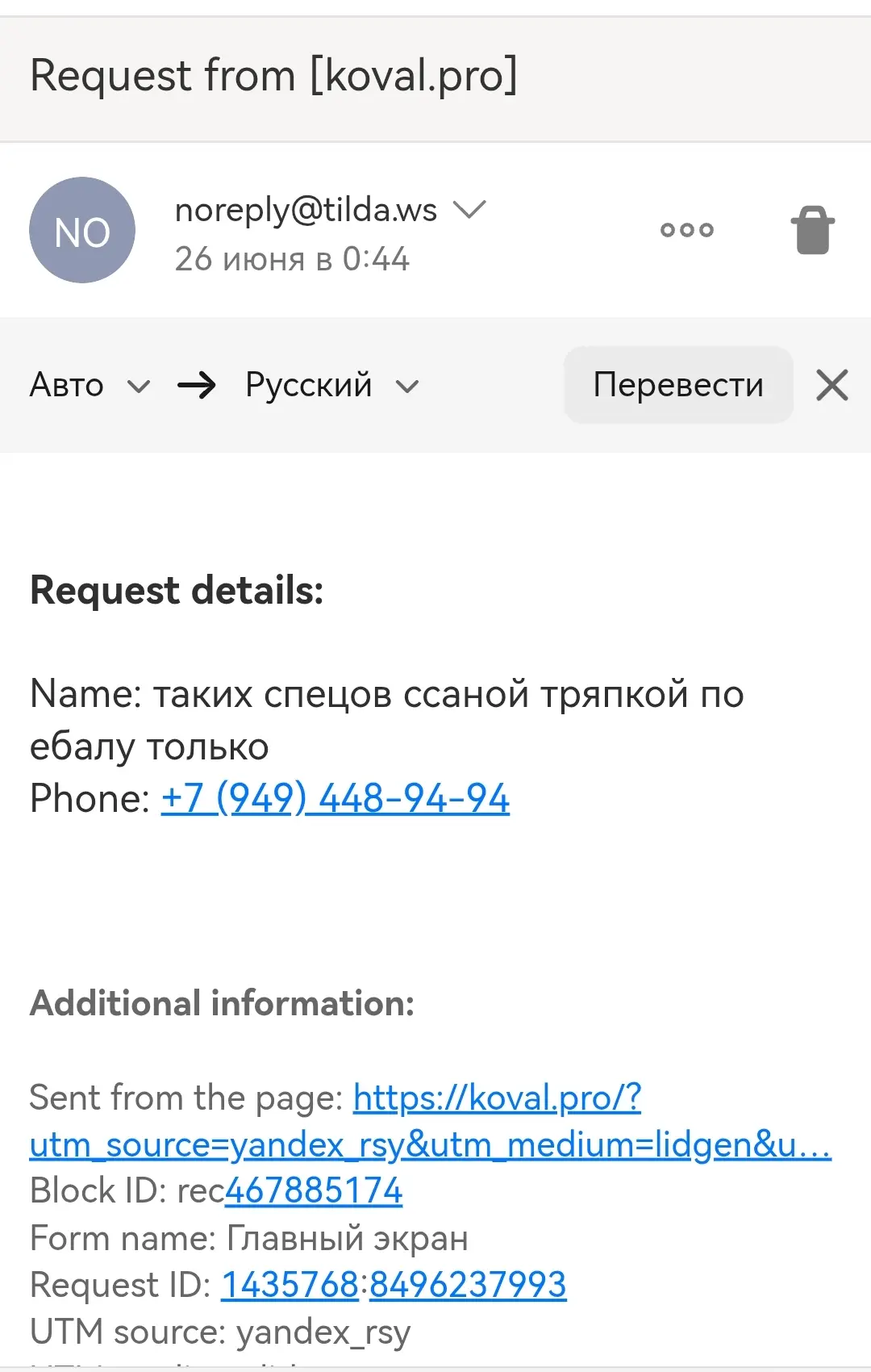 Человек не поленился и оставил мнение обо мне через заявку на сайте.
Спасибо за уделённое время.