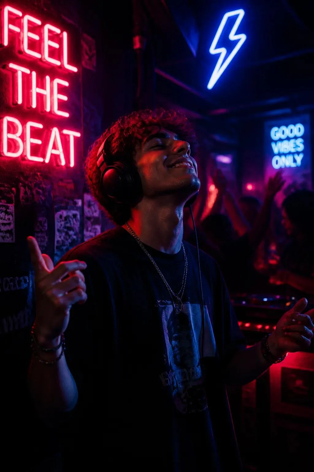 character wearing headphones, lost in music, dark room lit by neon signs, any, Enthusia...