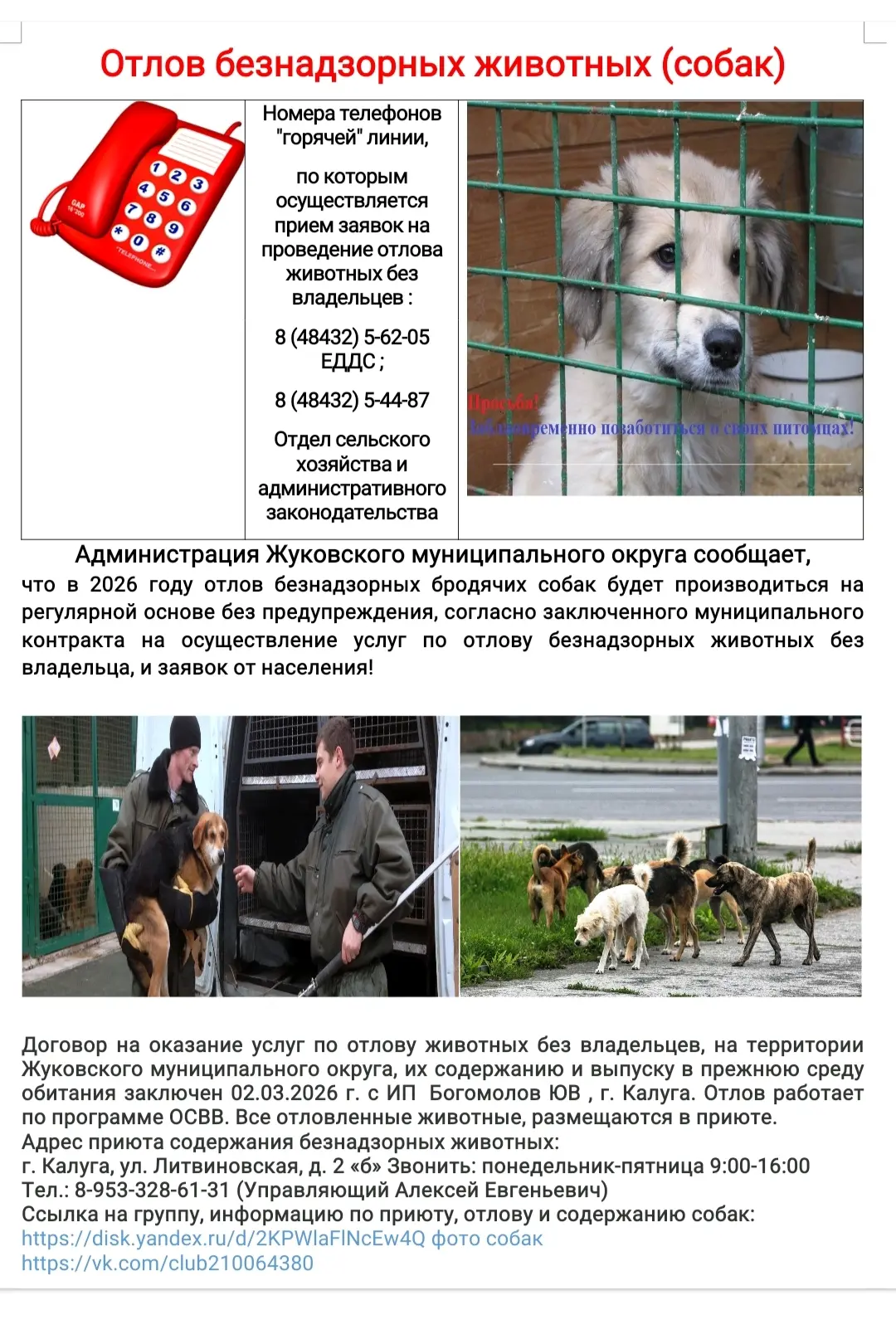 Администрация Жуковского муниципального округа сообщает, что в 2026 году отлов безнадзорных бродячих