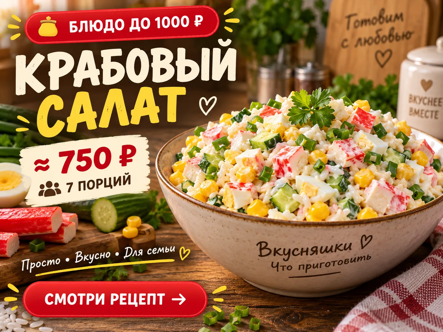 🥗 **КРАБОВЫЙ САЛАТ — ≈ 750 ₽ ЗА ВСЮ МИСКУ**