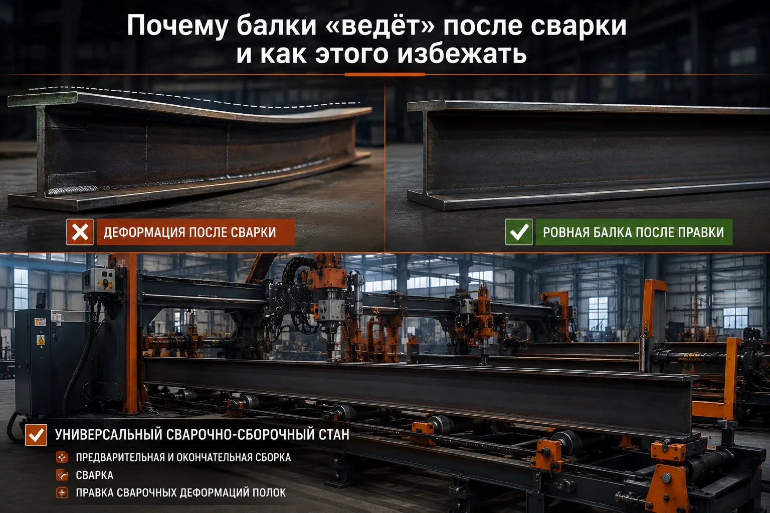 ➿ Почему балки «ведёт» после сварки и как этого избежать.

В производстве двутавровых и тавровых бал