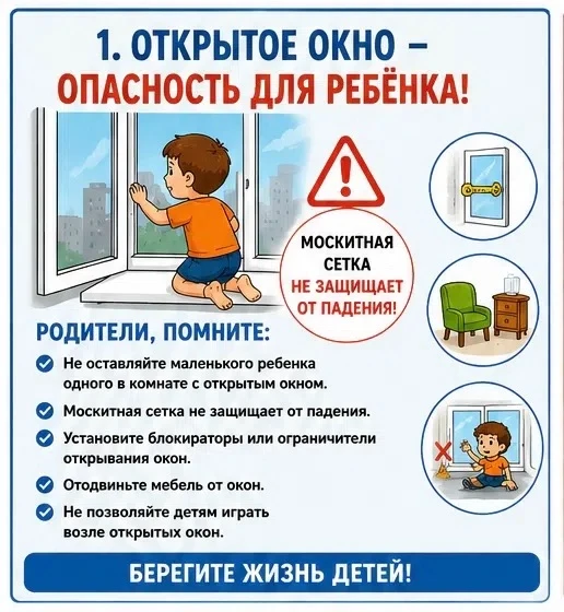 ❗ПАМЯТКА № 1❗
Открытое окно — опасность для ребенка! 

⚠ Ежегодно дети получают тяжелые травмы, выпа