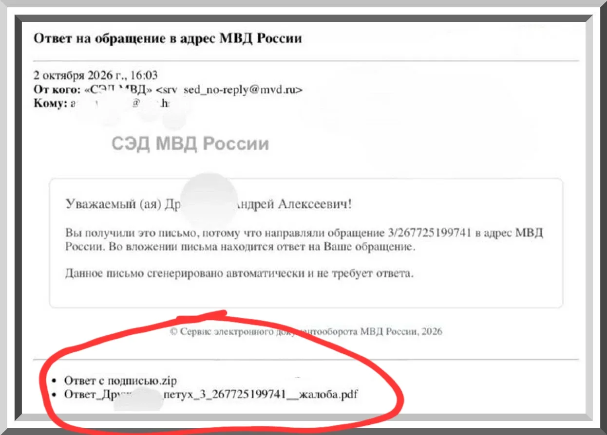 Россиянин получил от МВД официальный ответ на жалобу в файле, названном его фамилией и ...