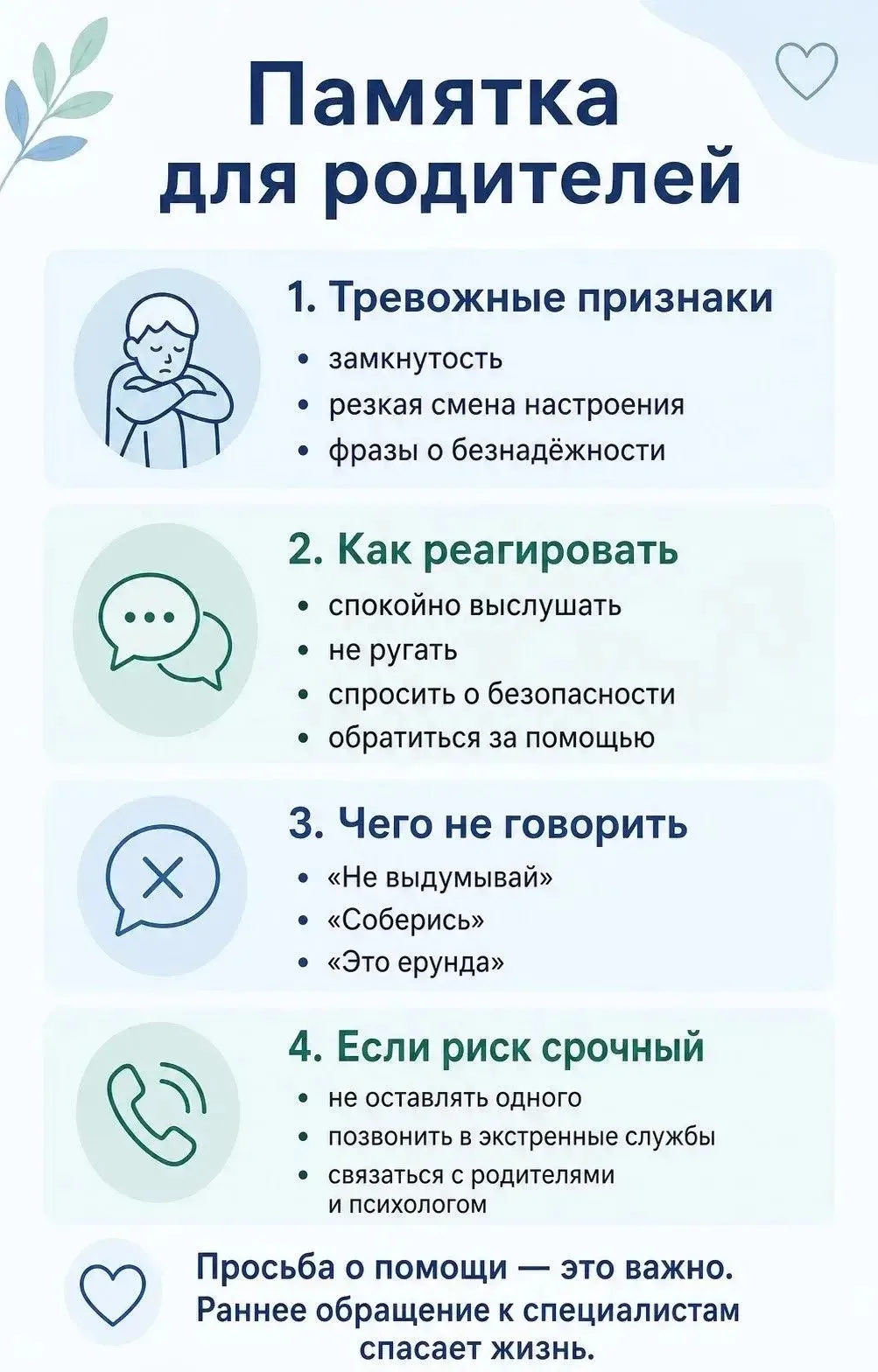 📎Памятка для родителей.

Если ребёнок стал замкнутым, говорит о безнадёжности, раздаёт вещи, пишет 
