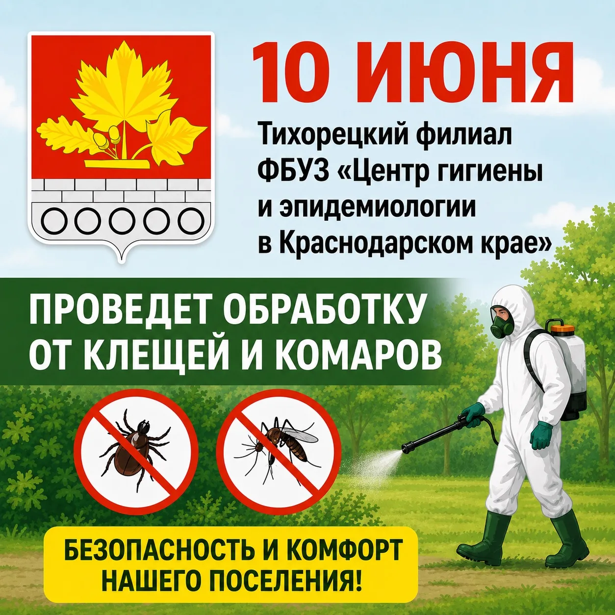 🦟 Уважаемые жители! Обращаем ваше внимание, что 10 июня силами специалистов Тихорецкого филиала ФБУ