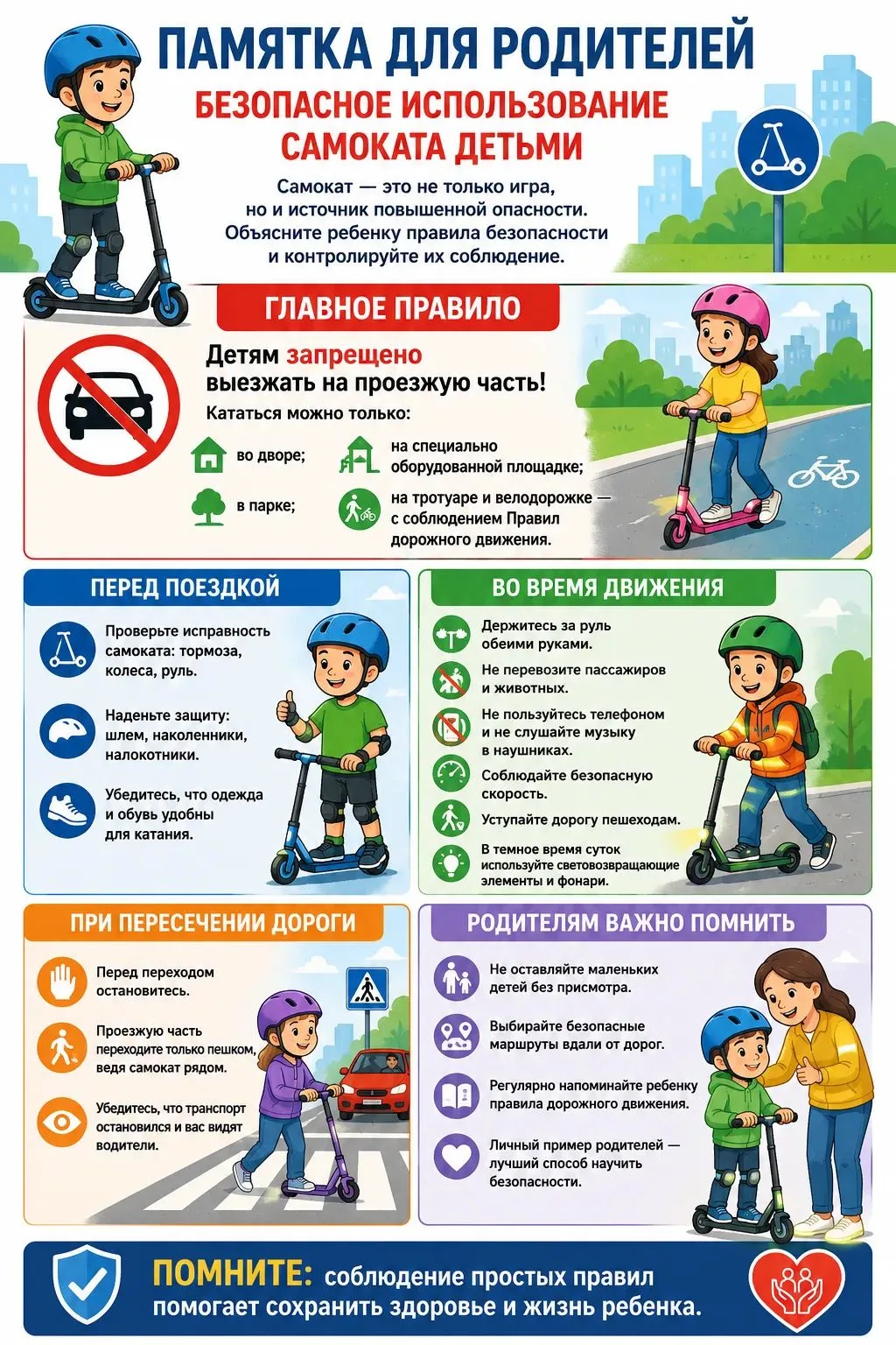 Родители! 
Поговорите с детьми о том, где можно кататься на самокатах, почему нельзя выезжать на дор