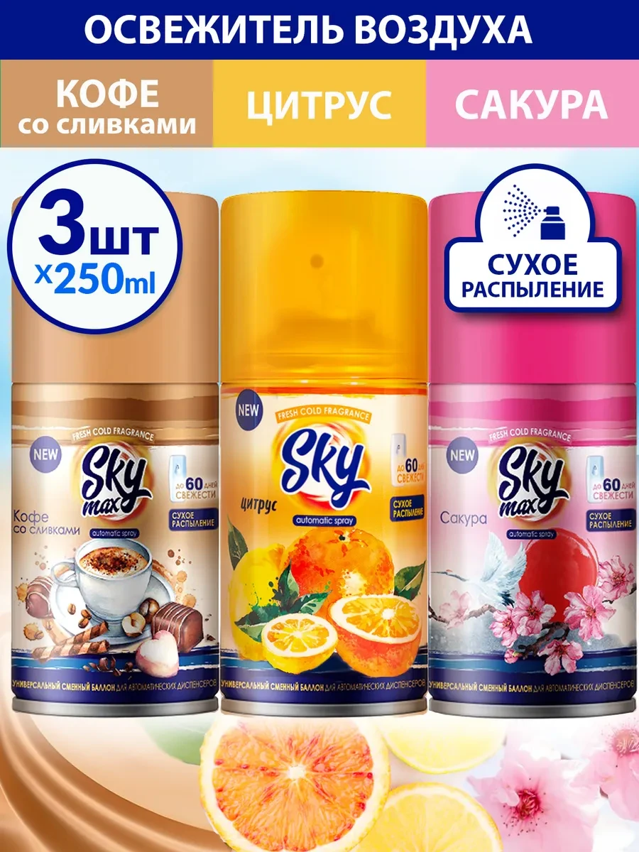 ⚡️ Сменный баллон для освежителя воздуха 3 х 250мл, SKY MAX