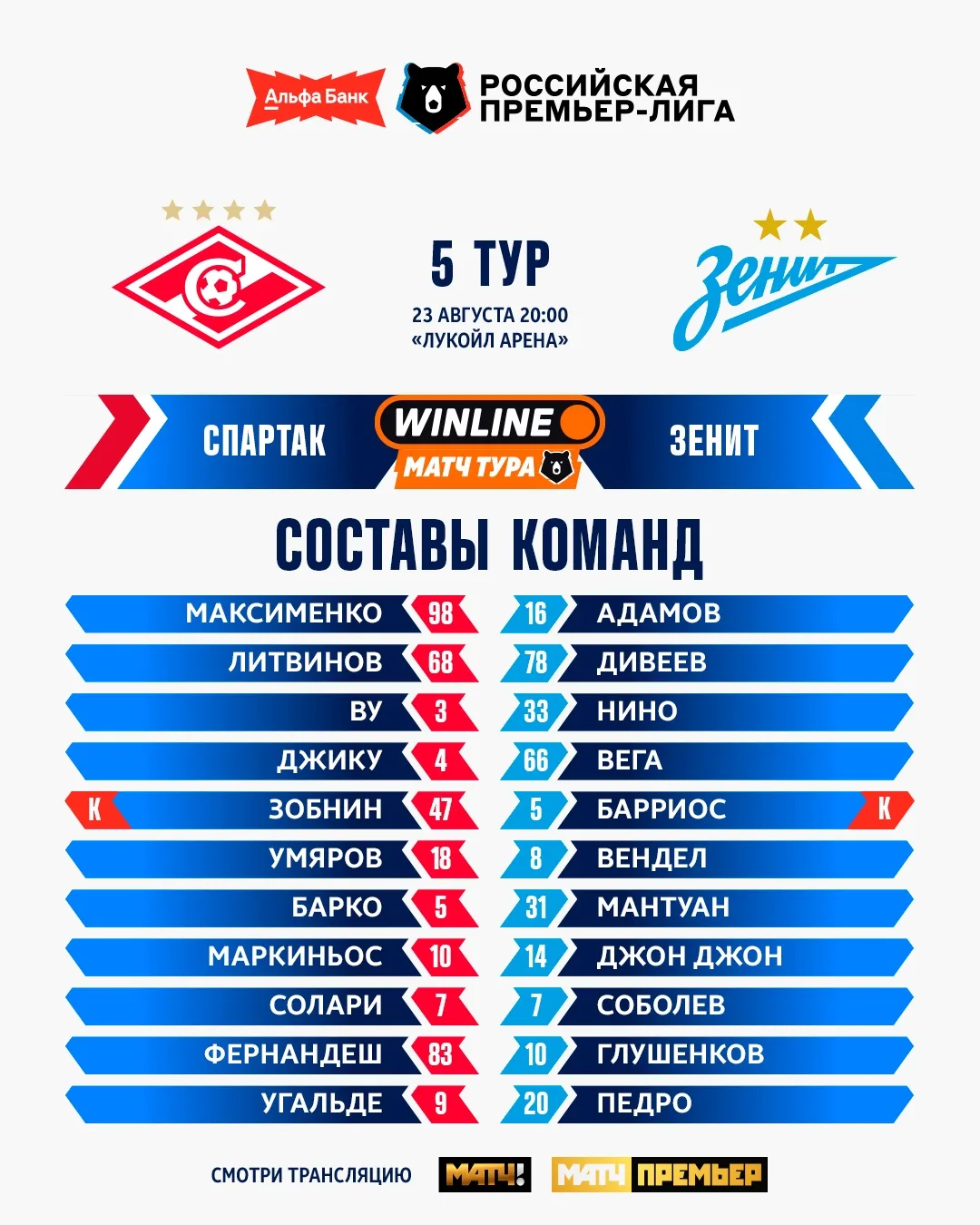 Составы на #WINLINEМатчТура на месте!