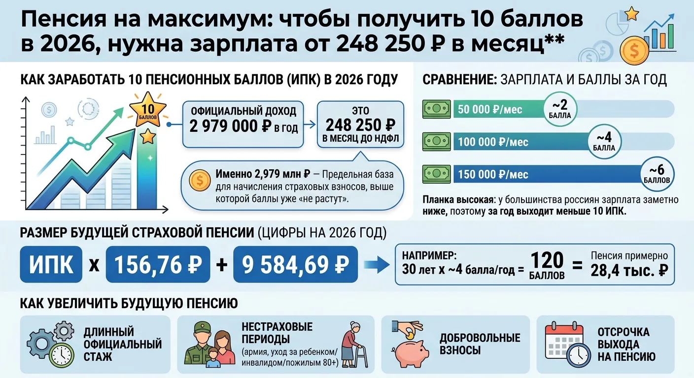 Пенсия на максимум: чтобы получить 10 баллов в 2026, нужна зарплата от 248 250 ₽ в месяц