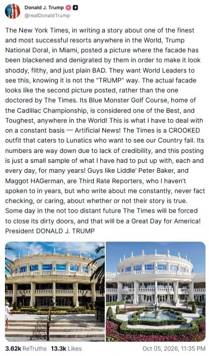 Трамп: NYT в недалёком будущем будет вынуждена «закрыть свои грязные двери», и этот ден...