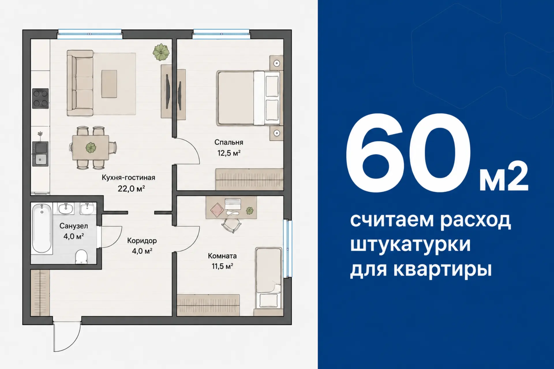 Лёгкая штукатурка: считаем расход для квартиры 60 м²