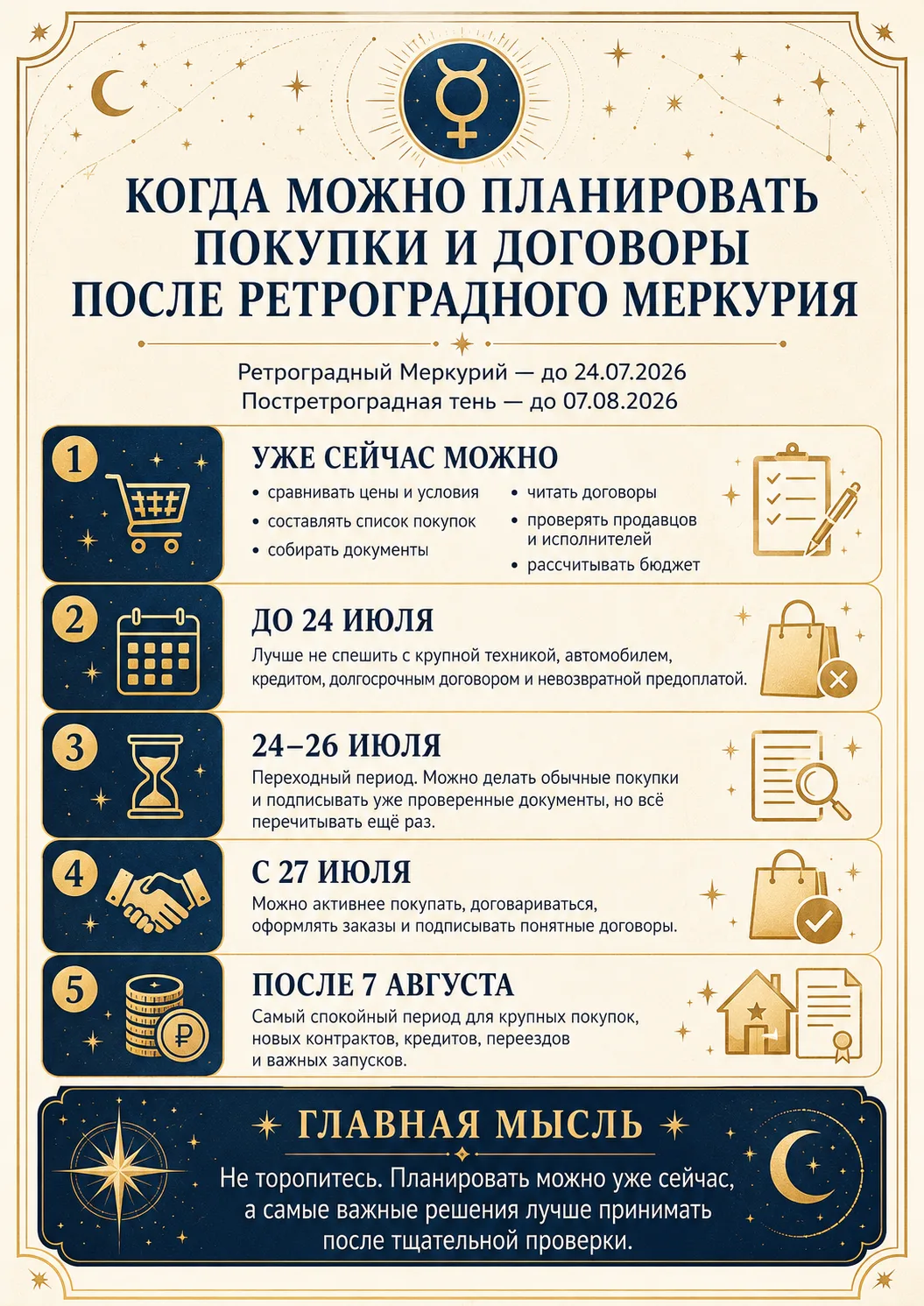 Когда можно планировать покупки и заключать договоры после ретроградного Меркурия