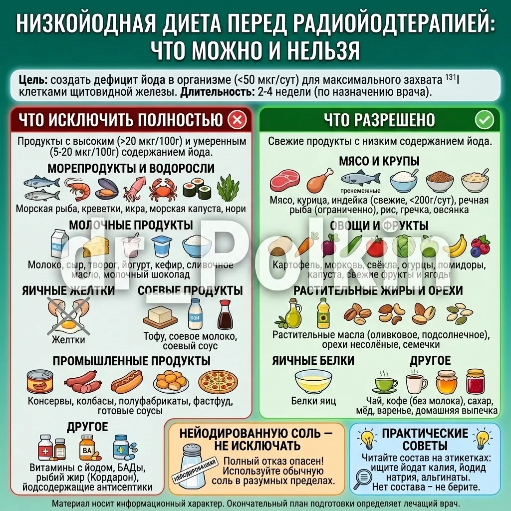 НИЗКОЙОДНАЯ ДИЕТА ПЕРЕД РАДИОЙОДТЕРАПИЕЙ: СПИСКИ ПРОДУКТОВ

Радиойод (¹³¹I) накапливается в клетках,