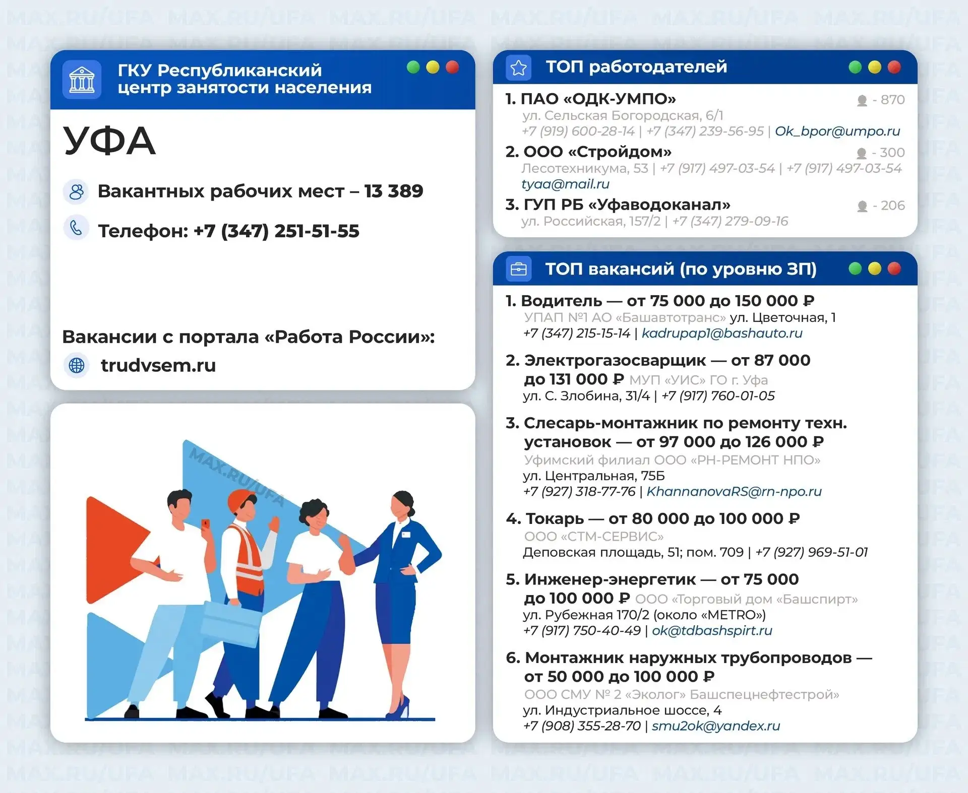 🔝 Какая есть работа в Уфе?

☎️ «Горячая линия» Центра занятости населения г. Уфы +7-347-251-51-55

