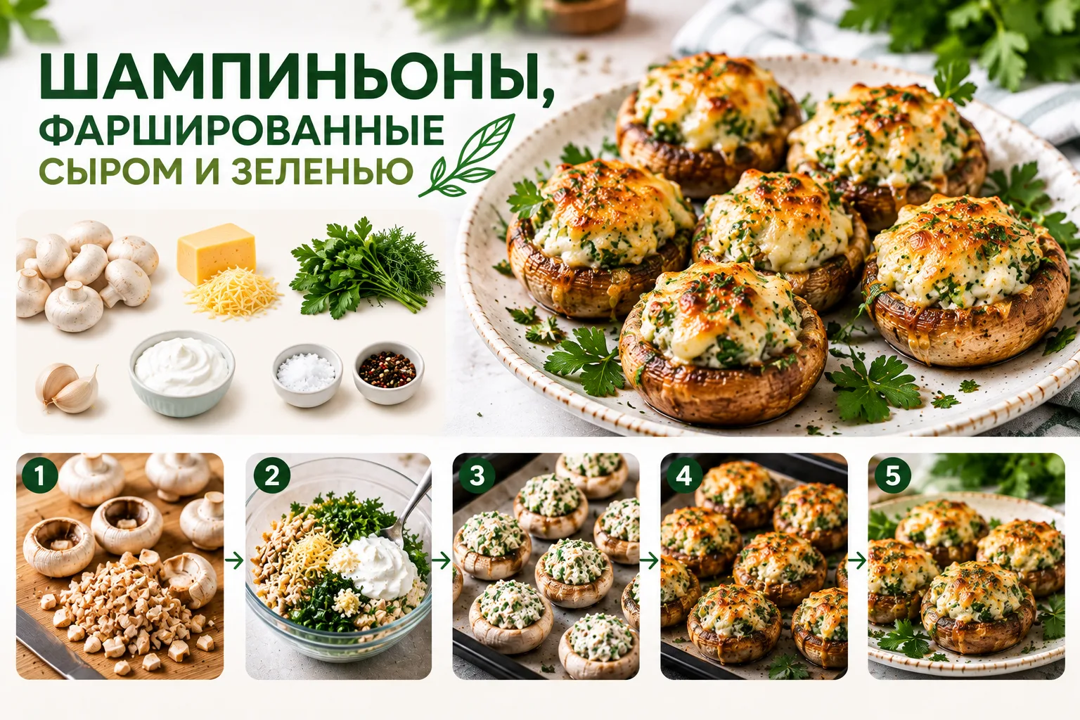 🍄 Шампиньоны, фаршированные сыром и зеленью