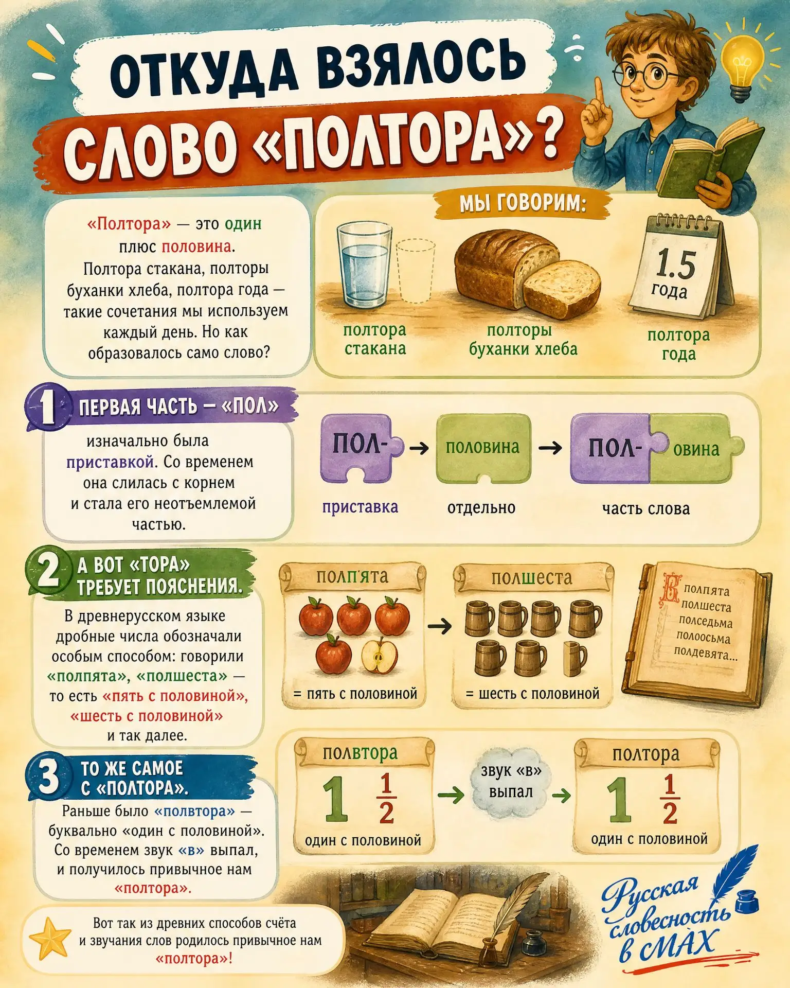 Почему «полтора», если это просто «один с половиной»? 🤔