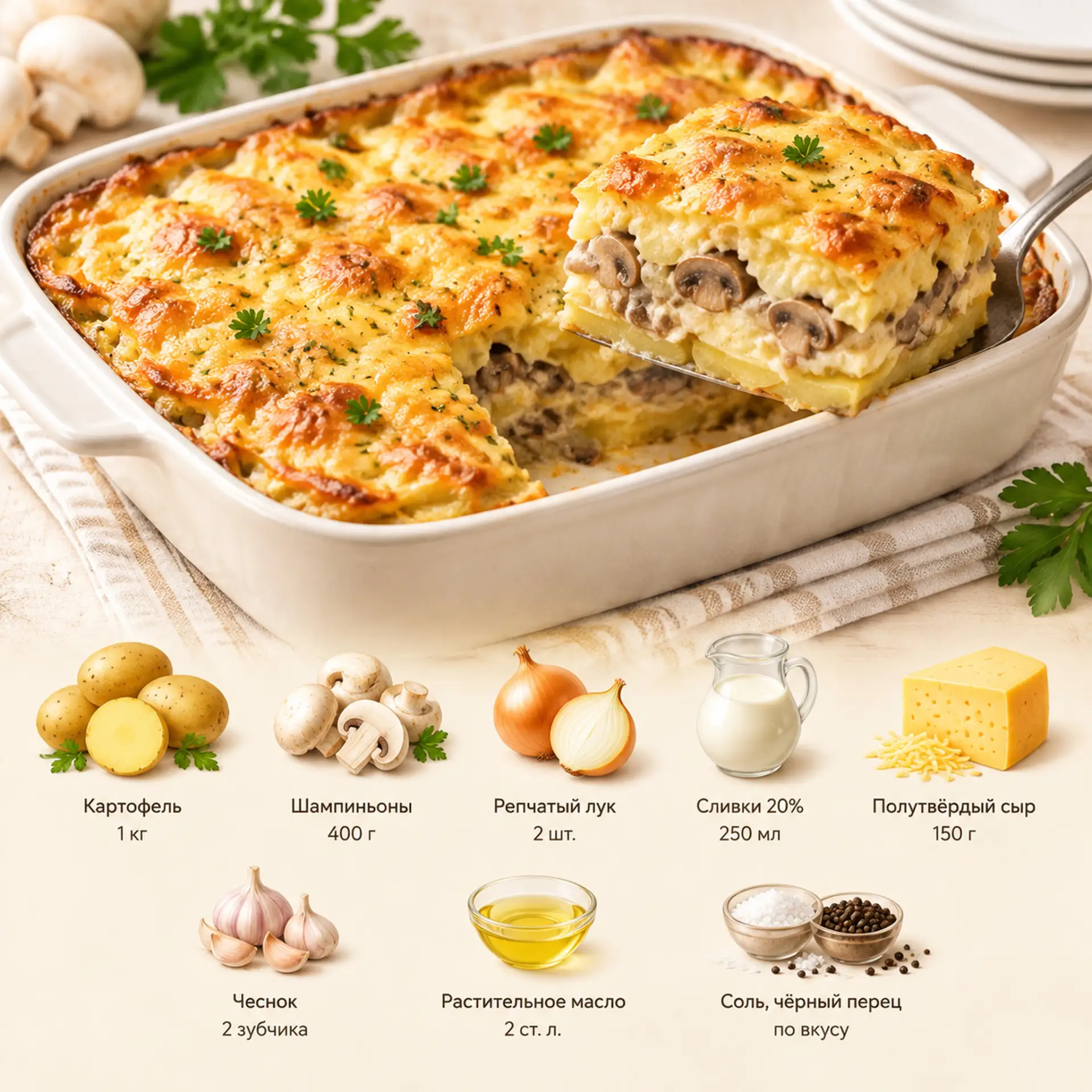 Картофельная запеканка с грибами и сыром 🤤