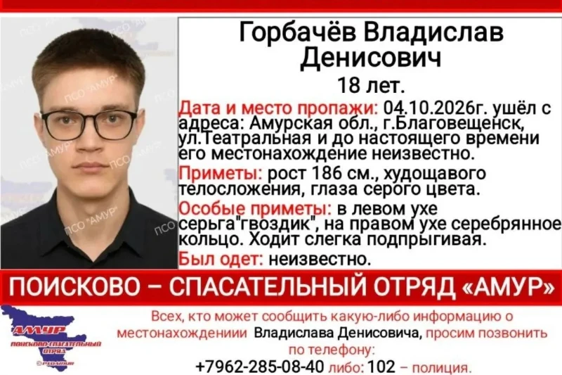 В Благовещенске пропал 18-летний Владислав Горбачев. Ориентировку опубликовал ПСО Амур....