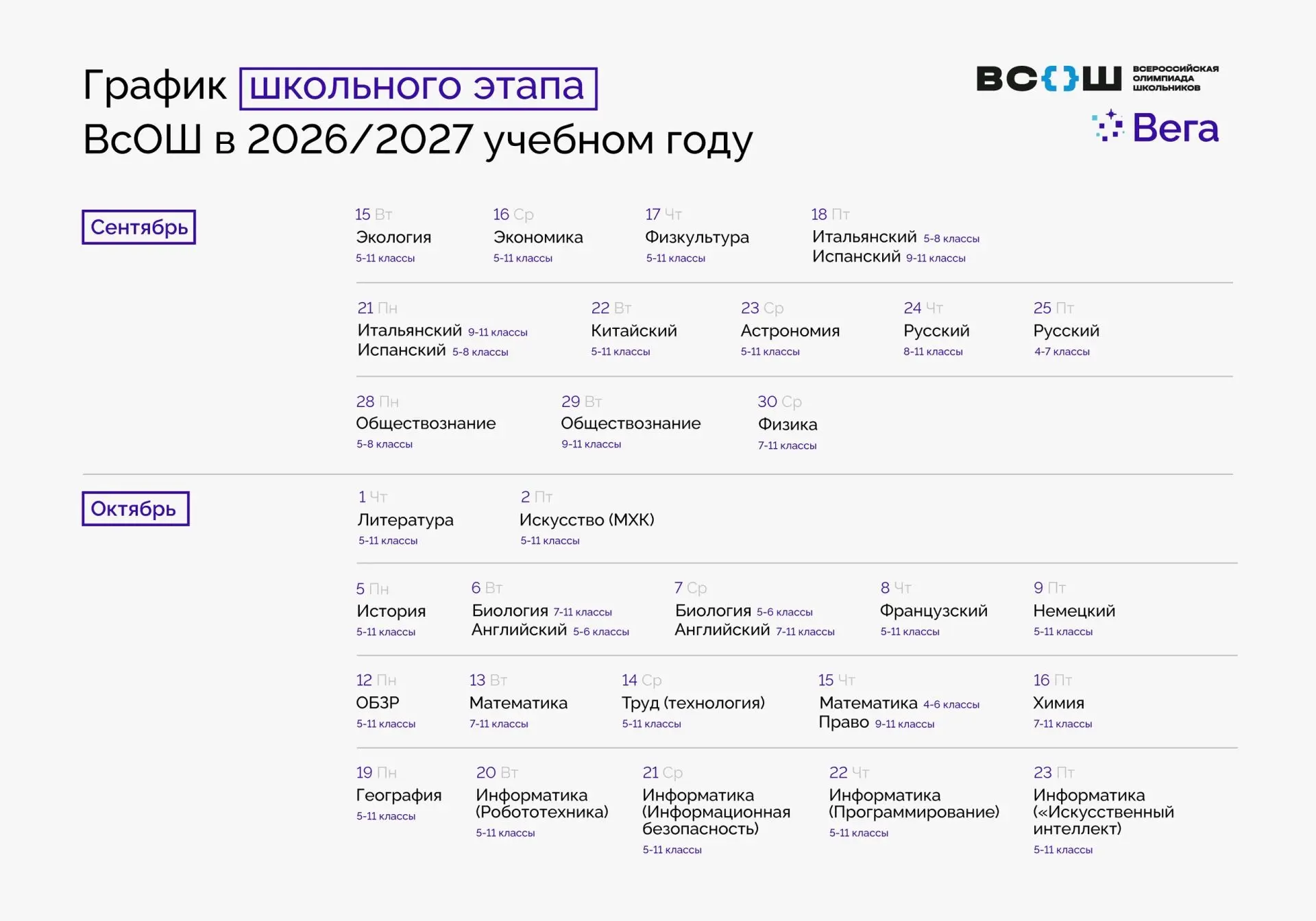 ВсОШ снова с нами: расписание опубликовано