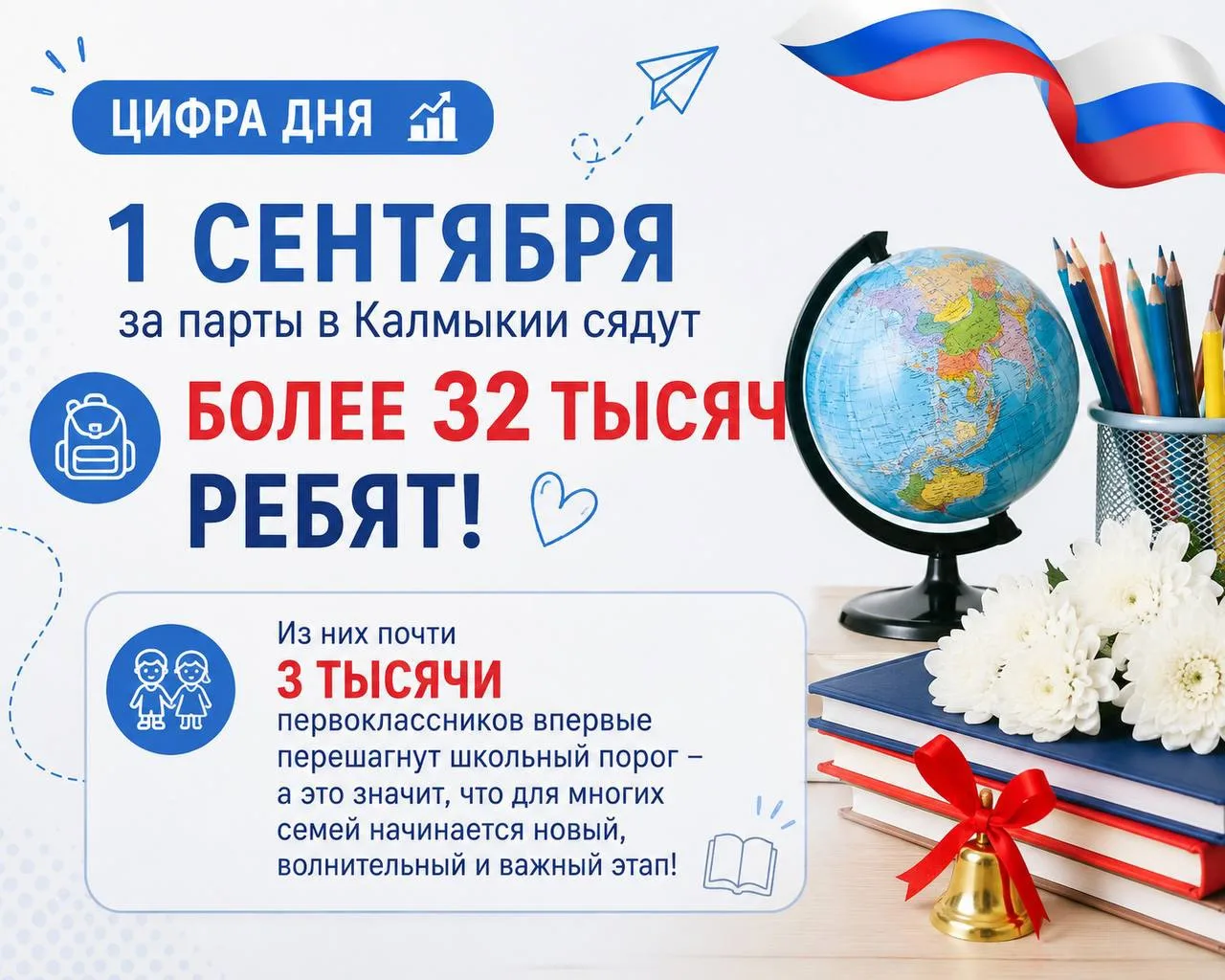 📢 Цифра дня: 1 сентября за парты в Калмыкии сядут более 32 тысяч ребят!