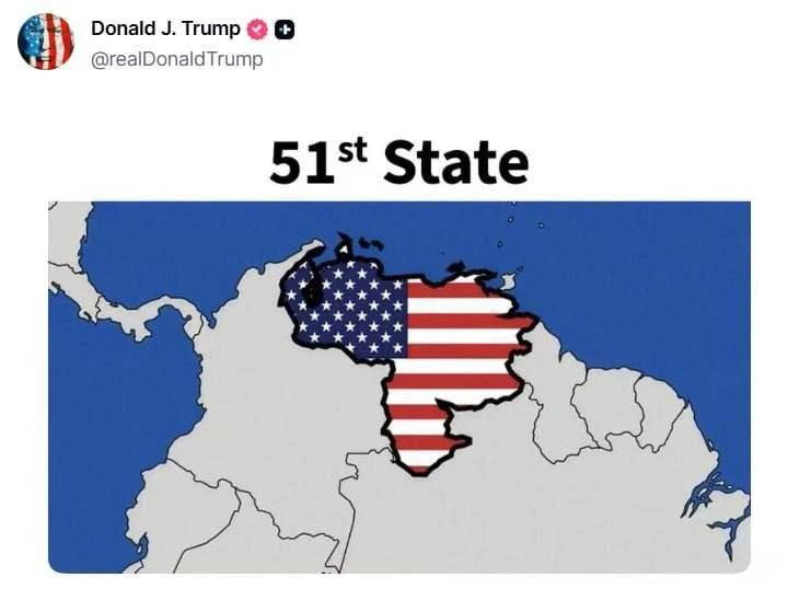 ⚡️Трамп опубликовал карту, на которой Венесуэла изображена как 51-й штат США.